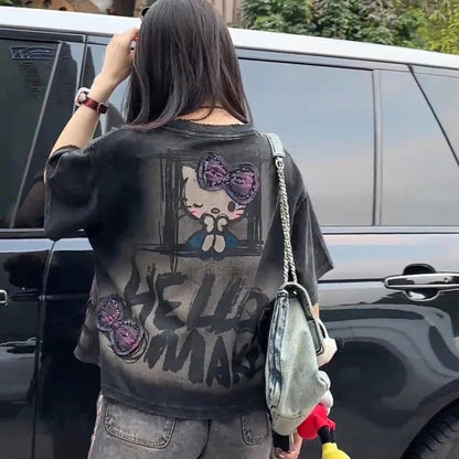 Y2K Hello Kitty Girls Short Sleeve Anime Sanrios Cartoon Cute Summer Sweet Cotton Women T-Shirt Kawaii Casual Loose Trend Tops Badiee Stylez