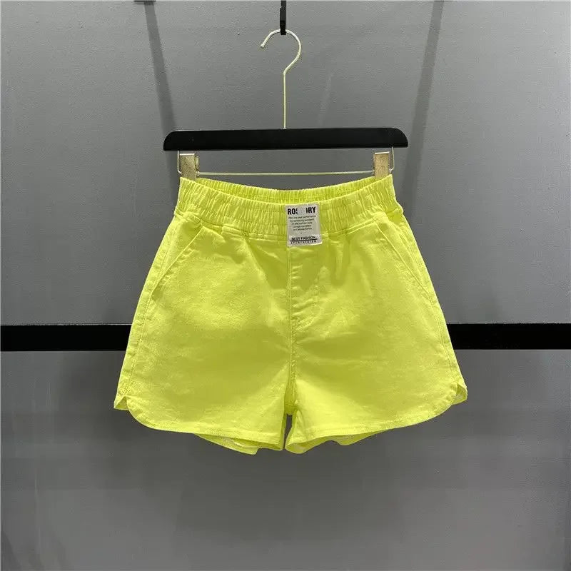 Fashionable Summer 300kg Candy Color Labeled Elastic Waist Casual Shorts Women's Loose Fit A- line Bell Bottoms Fluorescein