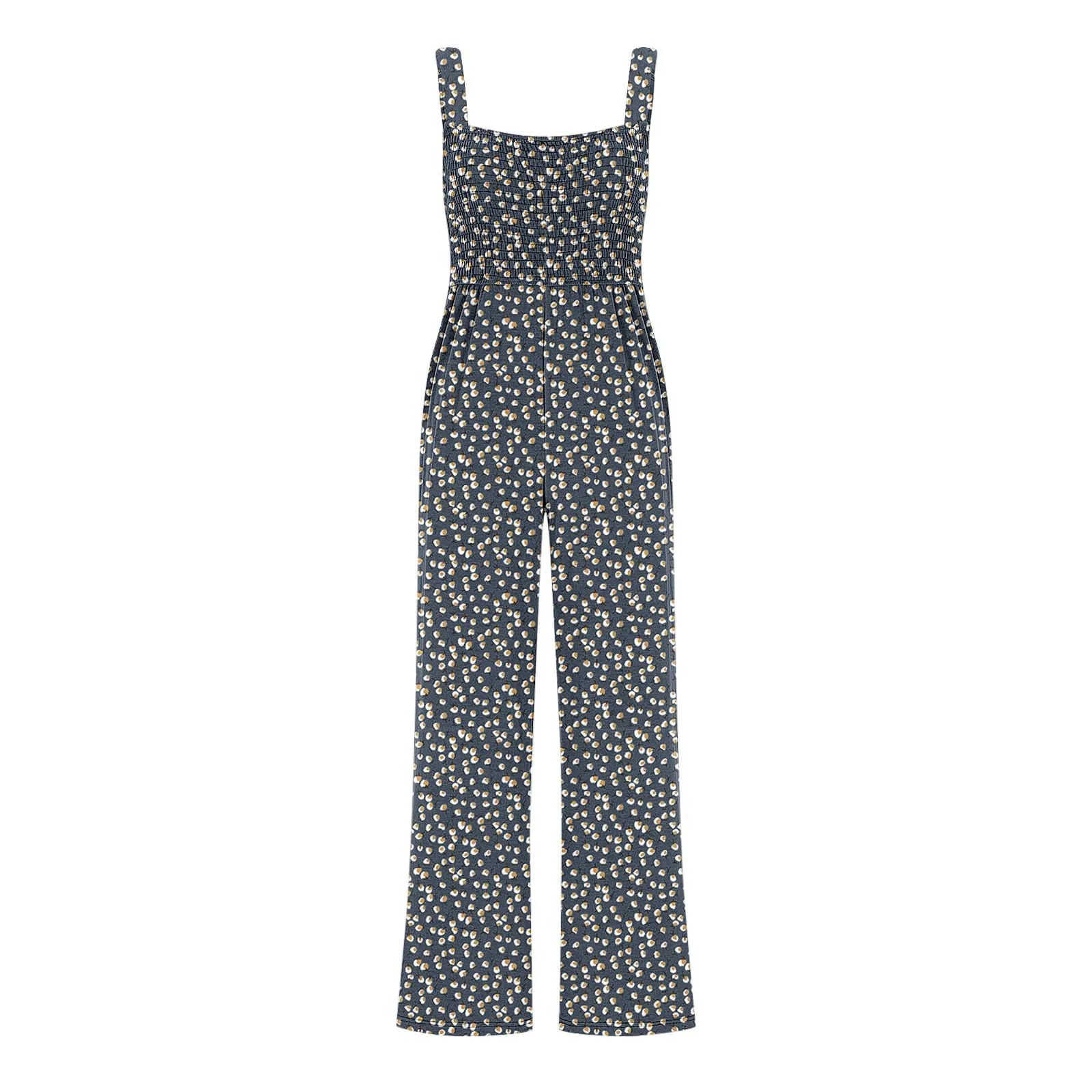 Women'S Suspender Jumpsuits Fashion Trend Pleated Shoulder Straps Printed Pocket Loose Wide Leg Jumpsuits Daily Casual All-Match