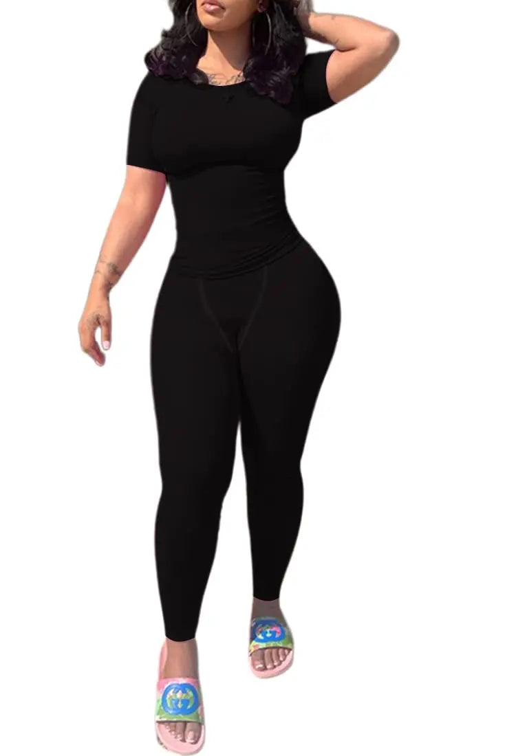 Lounge Wear Ribbed Casual 2 Piece Summer Shorts Set For Women Sleeve Top+Elastic Leggings Outfits