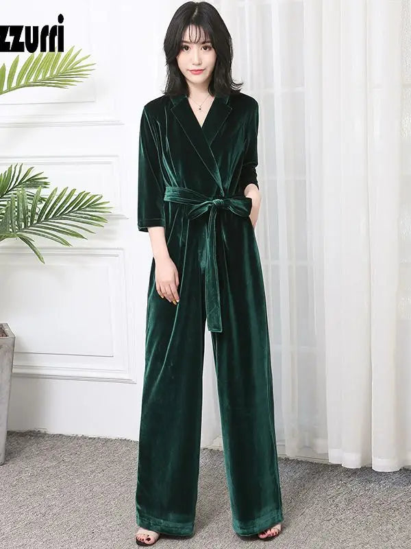 Nerazzurri Spring Autumn Long Soft Flowy Red Velvet Jumpsuit Women with Sleeves Sashes Maxi Black Wide Leg Floor Length Clothes Badiee Stylez