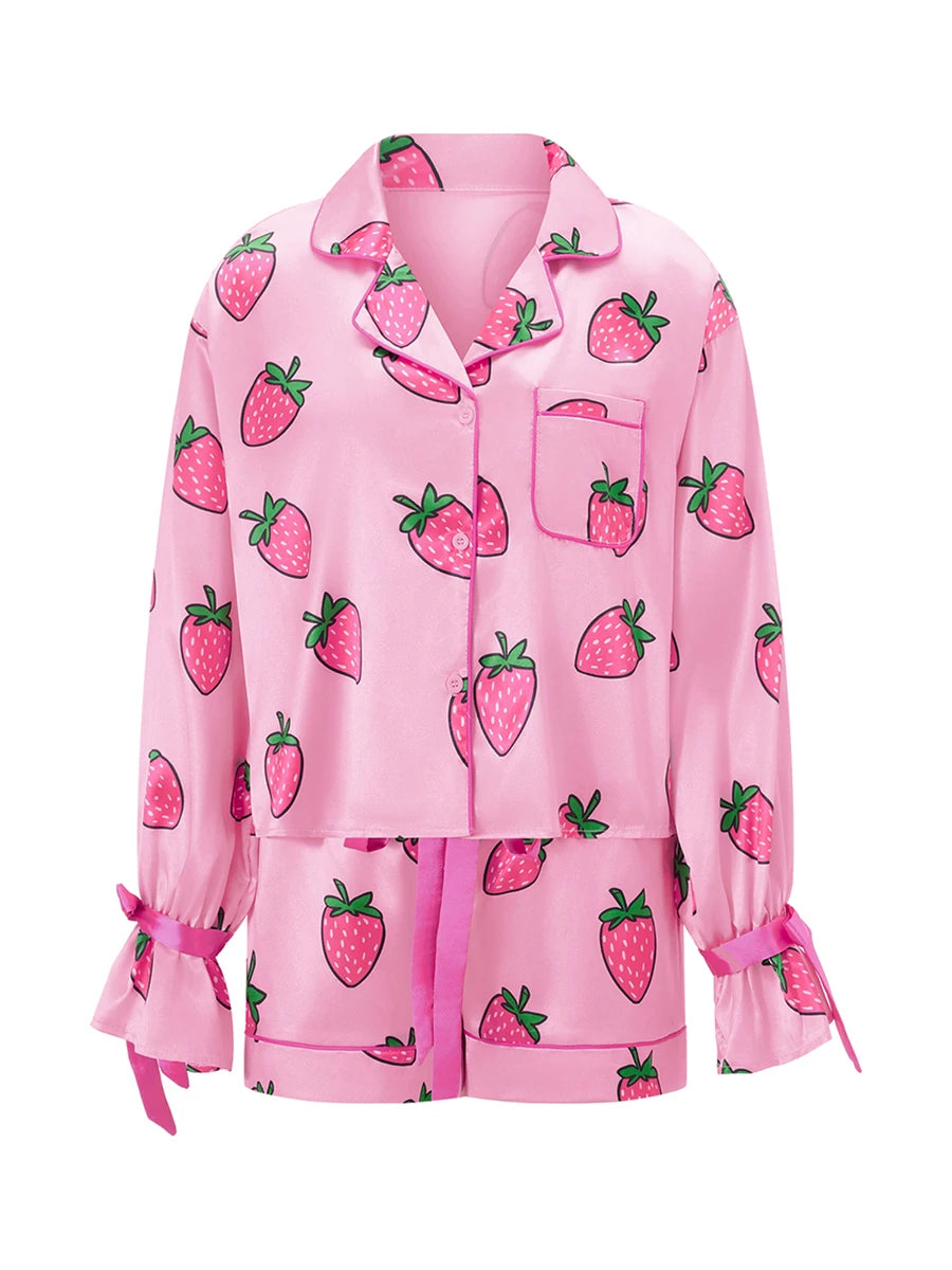Women's 2 Piece Lounge Set Long Sleeve Lapel Strawberry/Bow Print Button Up Tops Shorts Sleepwear Sets Pink