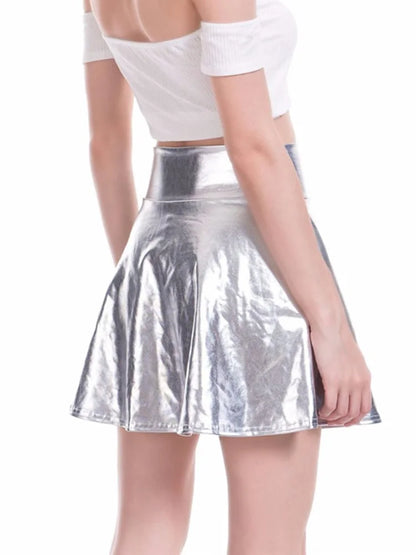 CUHAKCI Short Sexy High Waist Pleated Skirts Women Solid Casual Silver Gold Mini Laser Women Party Club D134 Silver
