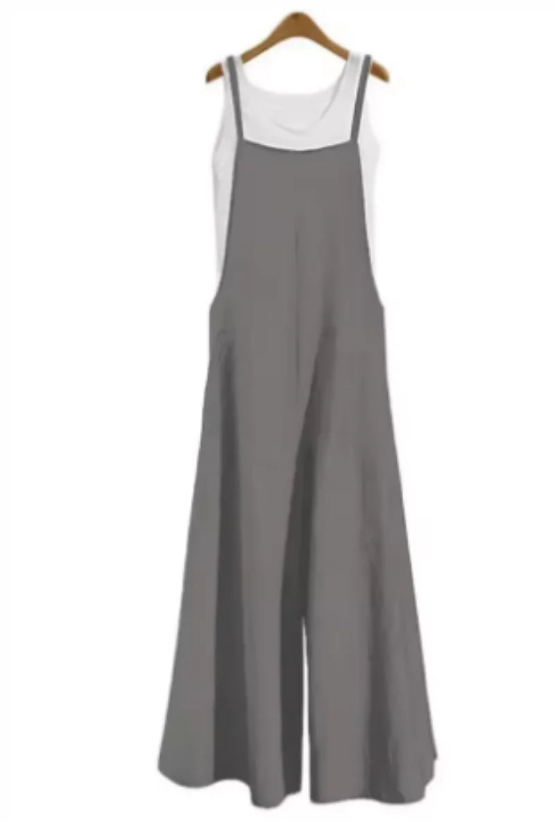 Women Straps Jumpsuit Summer Solid Color Wide Leg Pants Dungaree Bib Overalls Casual Loose Sleeveless Cotton Linen Jumpsuits 5Xl Badiee Stylez