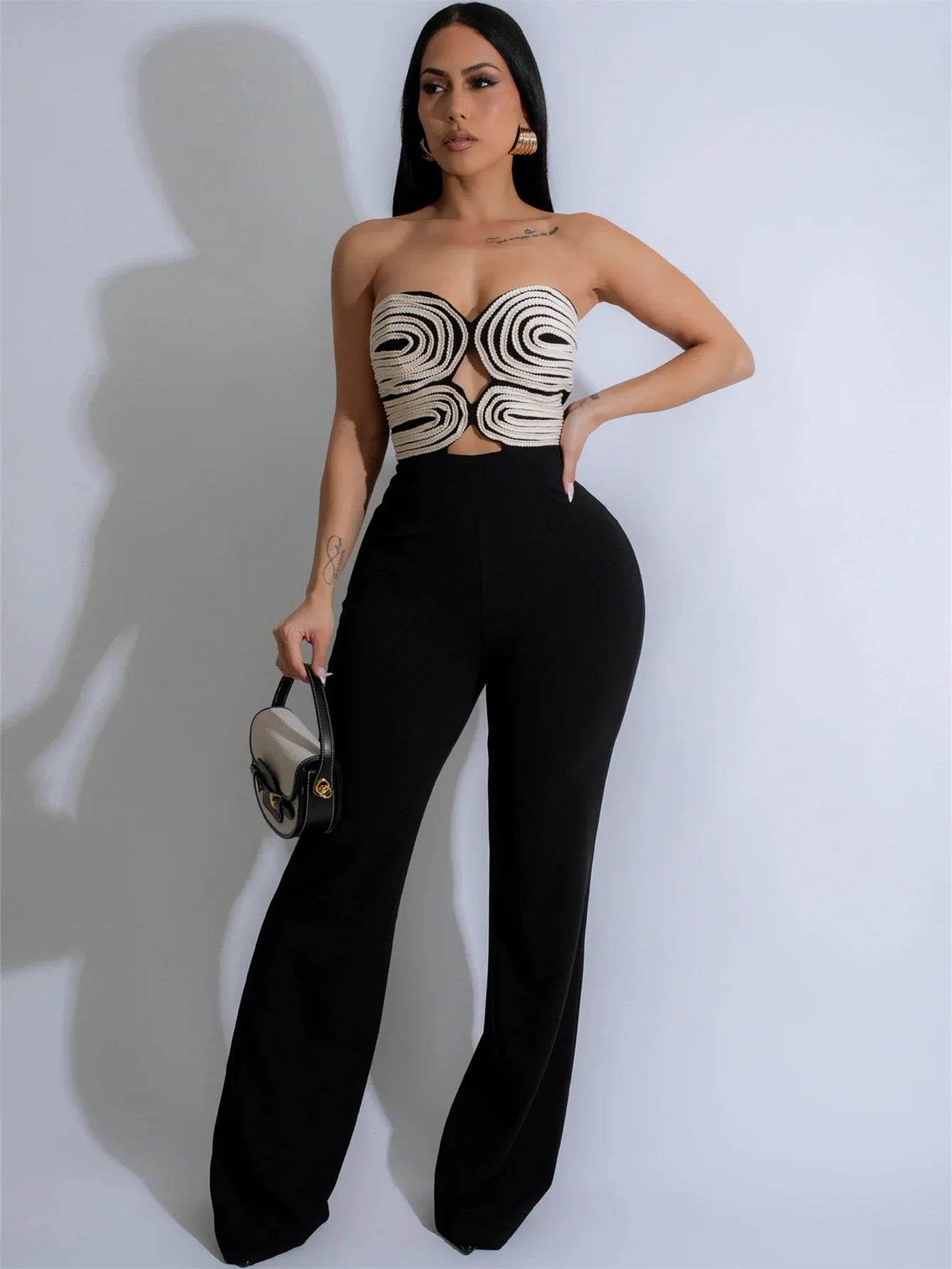 Leosoxs Women Strapless Hollow Out Wide Leg Straight Sleeveless Jumpsuits 2025 Spring Sexy One Piece Set Streetwear Outfits