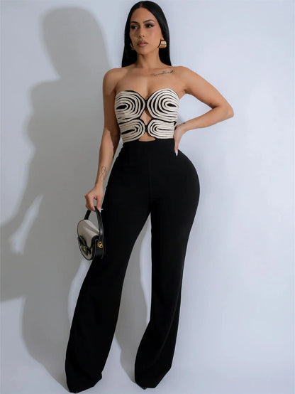 Leosoxs Women Strapless Hollow Out Wide Leg Straight Sleeveless Jumpsuits 2025 Spring Sexy One Piece Set Streetwear Outfits