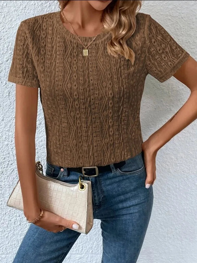 Summer Solid Short Sleeve Hollow Out Casual Shirt Women Fashion White Tops Blouse Sexys Mujer Blusas Elegantes Finas Para Mujer