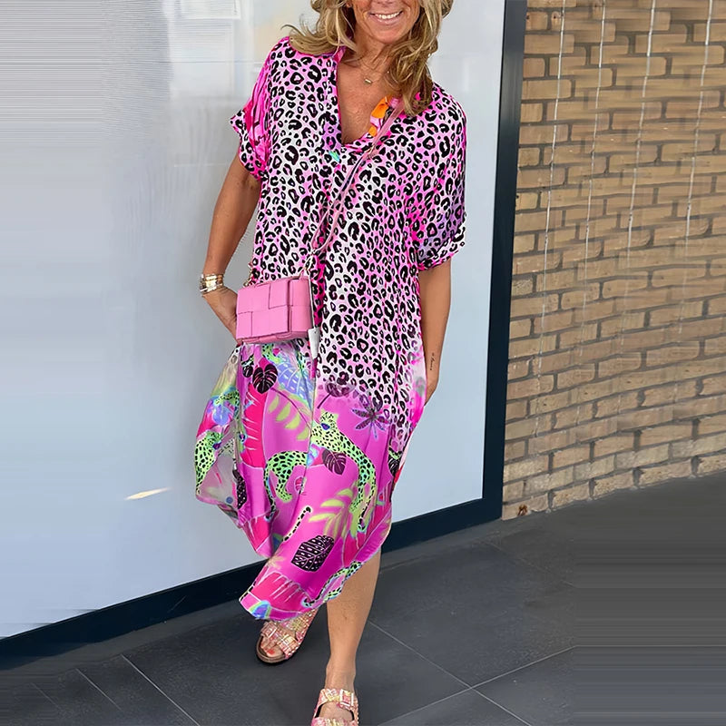 Summer Leopard Printed Maxi Dresses Plus Size Women Casual V Neck Short Sleeve Long Dress Beach Holiday Dress For Women Robe Gold