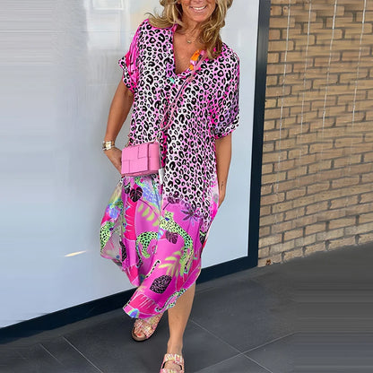 Summer Leopard Printed Maxi Dresses Plus Size Women Casual V Neck Short Sleeve Long Dress Beach Holiday Dress For Women Robe Gold