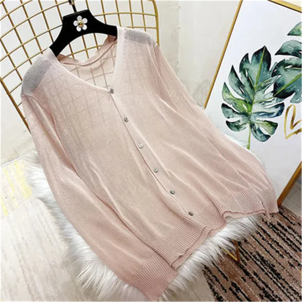 Spring Summer Comfortable Casual Blouses white knitted cardigan 2024 Women's Clothing Solid V-neck Elegant Fashion Button Loose Pink One Size