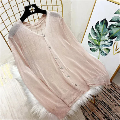 Spring Summer Comfortable Casual Blouses white knitted cardigan 2024 Women's Clothing Solid V-neck Elegant Fashion Button Loose Pink One Size