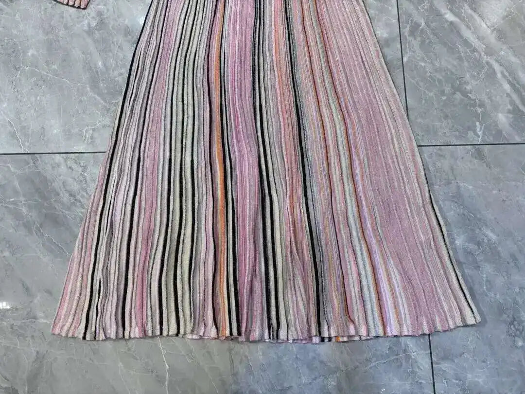 QMQA Fashion Women's Gradient Stripes Design Dresses V Neck High Waist Long Sleeve Elegant Party Dress Female Spring New 1A116 Badiee Stylez