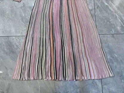 QMQA Fashion Women's Gradient Stripes Design Dresses V Neck High Waist Long Sleeve Elegant Party Dress Female Spring New 1A116 Badiee Stylez