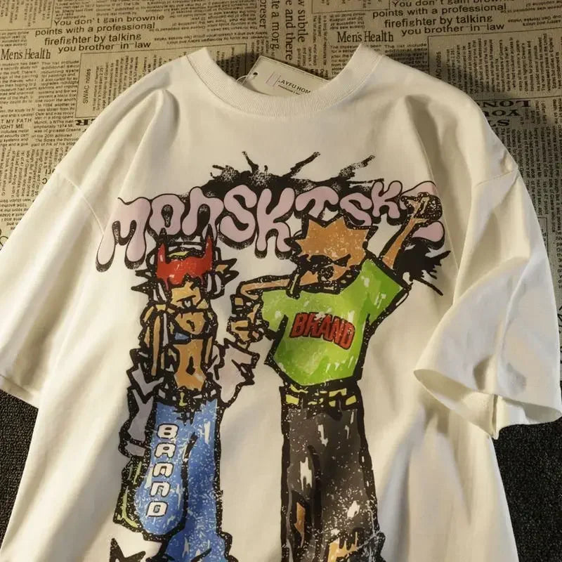 Fashion American Street Cartoon Print T-shirt Female Summer Y2k Street Hip-hop Loose Short-sleeved Top Women's Clothing Y2K Top QL1376A-White