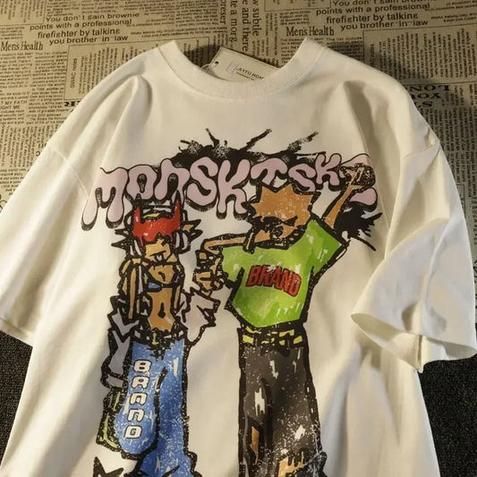 Fashion American Street Cartoon Print T-shirt Female Summer Y2k Street Hip-hop Loose Short-sleeved Top Women's Clothing Y2K Top QL1376A-White