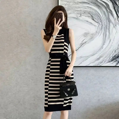 2025 Summer New Over-knee Long Temperament Slim Waist Vest Sleeveless Slim Striped Knitted Dress