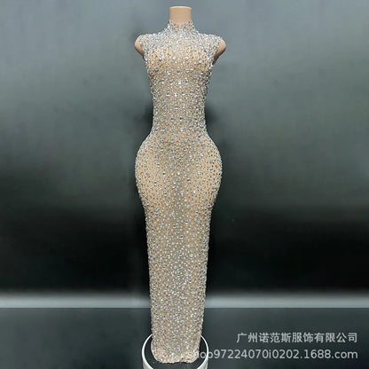 Sexy Full Drill Elastic Slim Fit Sleeveless Long Dress - Hip Wrap, For Host Stage Catwalk & Engagement Evening High-Slit Dresses Badiee Stylez