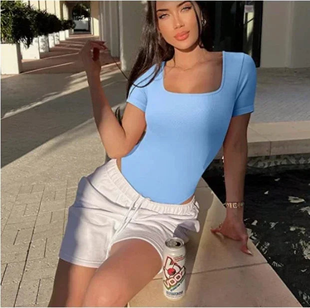 Summer Sexy Short Sleeve Ribbed Square Neck Thong Bodysuits One Piece Square Bodysuits Tummy Control Body Shapers Belly Sky Bule