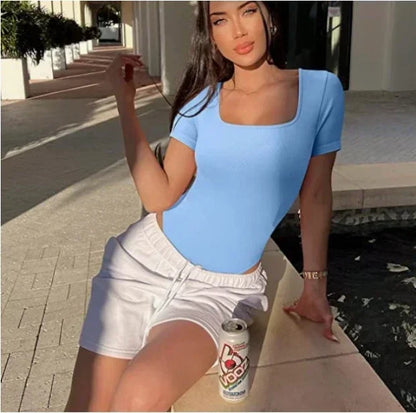 Summer Sexy Short Sleeve Ribbed Square Neck Thong Bodysuits One Piece Square Bodysuits Tummy Control Body Shapers Belly Sky Bule