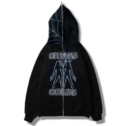 Y2K Rhinestone Cobweb Zip Up Oversized Sweatshirt 2022 Autumn Goth Hoodie Men Women Grunge Hooded Jacket Streetwear Y2K Clothing nz652