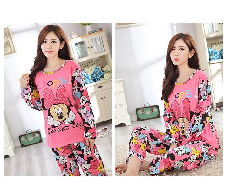 Spring And Autumn Long Sleeve+Long Pants Two Piece Pajama Set For Women Cartoon Cute Mickey Home Clothes Set