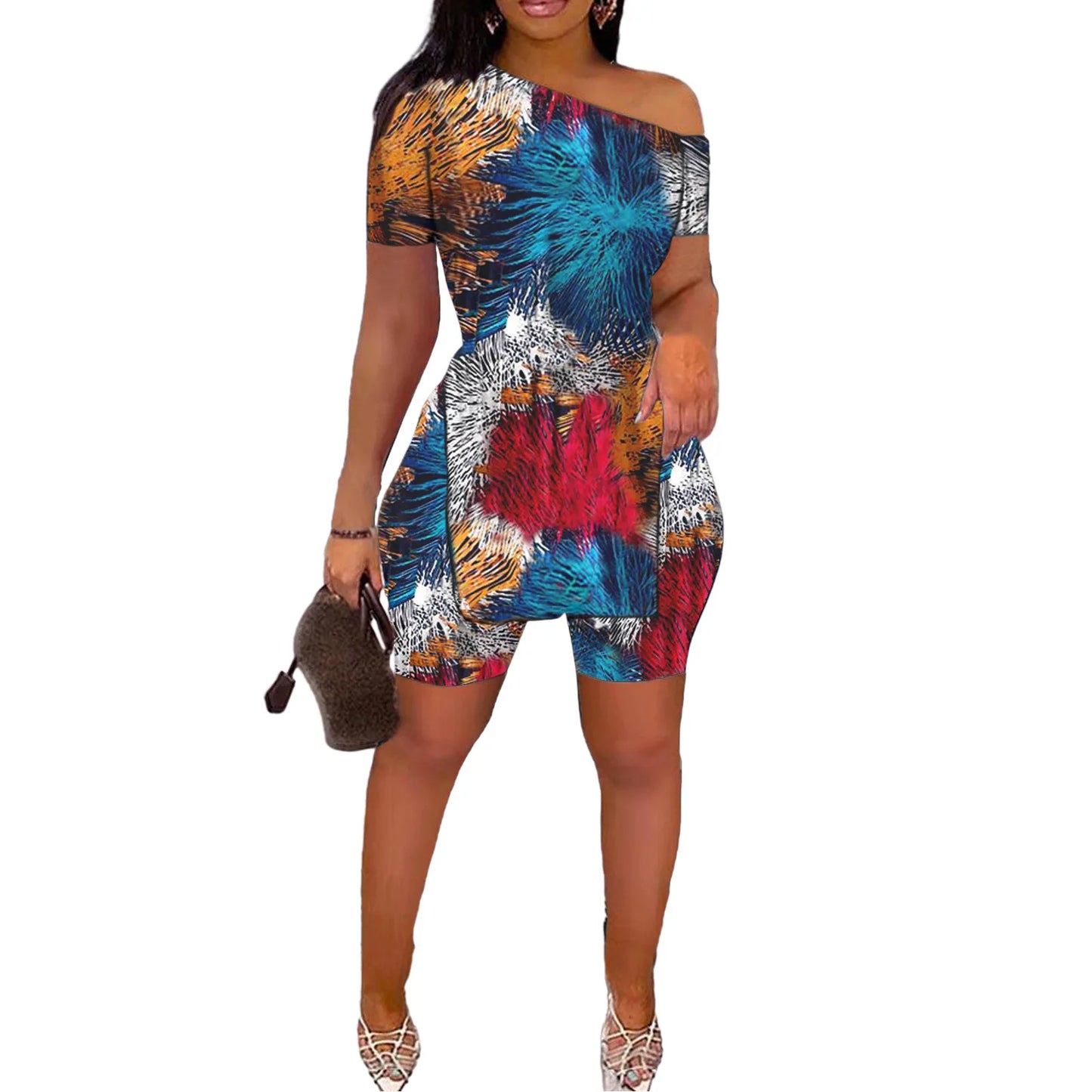 Print Two Piece Shorts Sets Women Skew Collar Short Sleeve Shirts Side Split Tops Pullover Elastic Waist Trousers Summer 2025 7