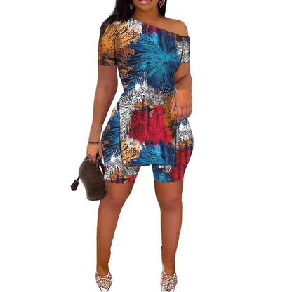 Print Two Piece Shorts Sets Women Skew Collar Short Sleeve Shirts Side Split Tops Pullover Elastic Waist Trousers Summer 2025 7