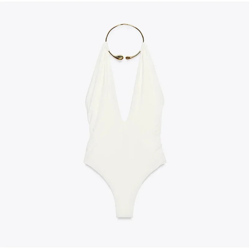 Women's V-neck Sleeveless Backless Slim Fit Metal Halter Jumpsuit Sexy Hollow out Long Robe Party Dress New Tank Top 2025 Summer