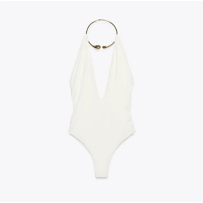 Women's V-neck Sleeveless Backless Slim Fit Metal Halter Jumpsuit Sexy Hollow out Long Robe Party Dress New Tank Top 2025 Summer