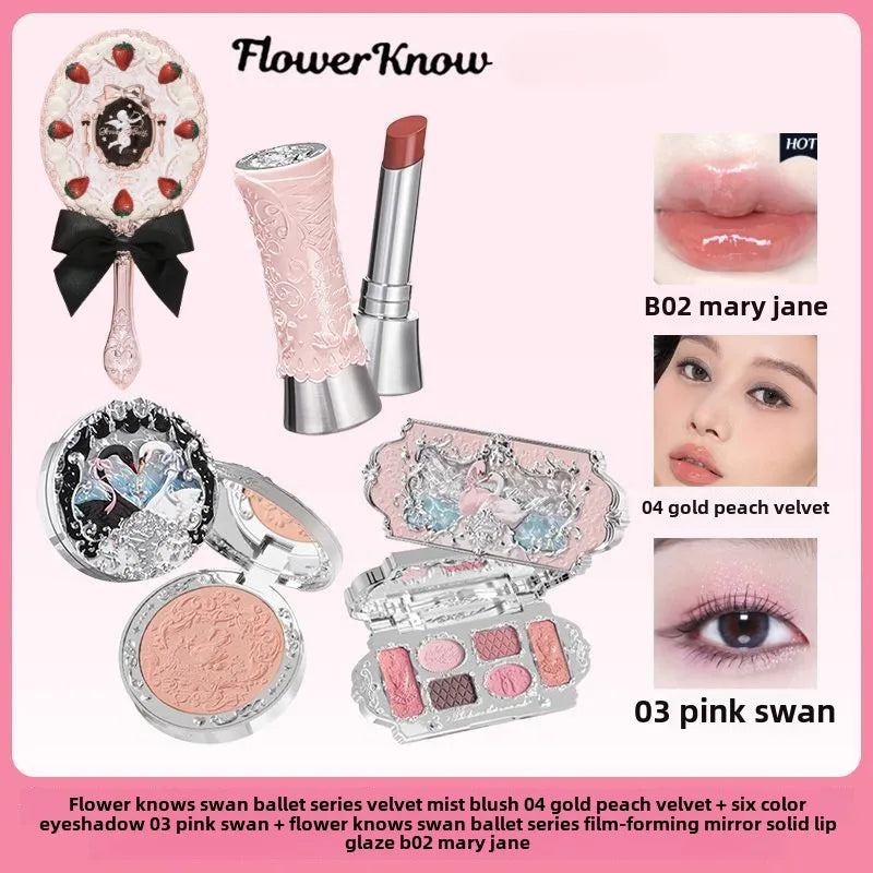Flower Knows Makeup Sets Swan Ballet Series Gift Box Lipstick Blush Eyeshadow Palette Handheld Mirror Makeup Gift Box D