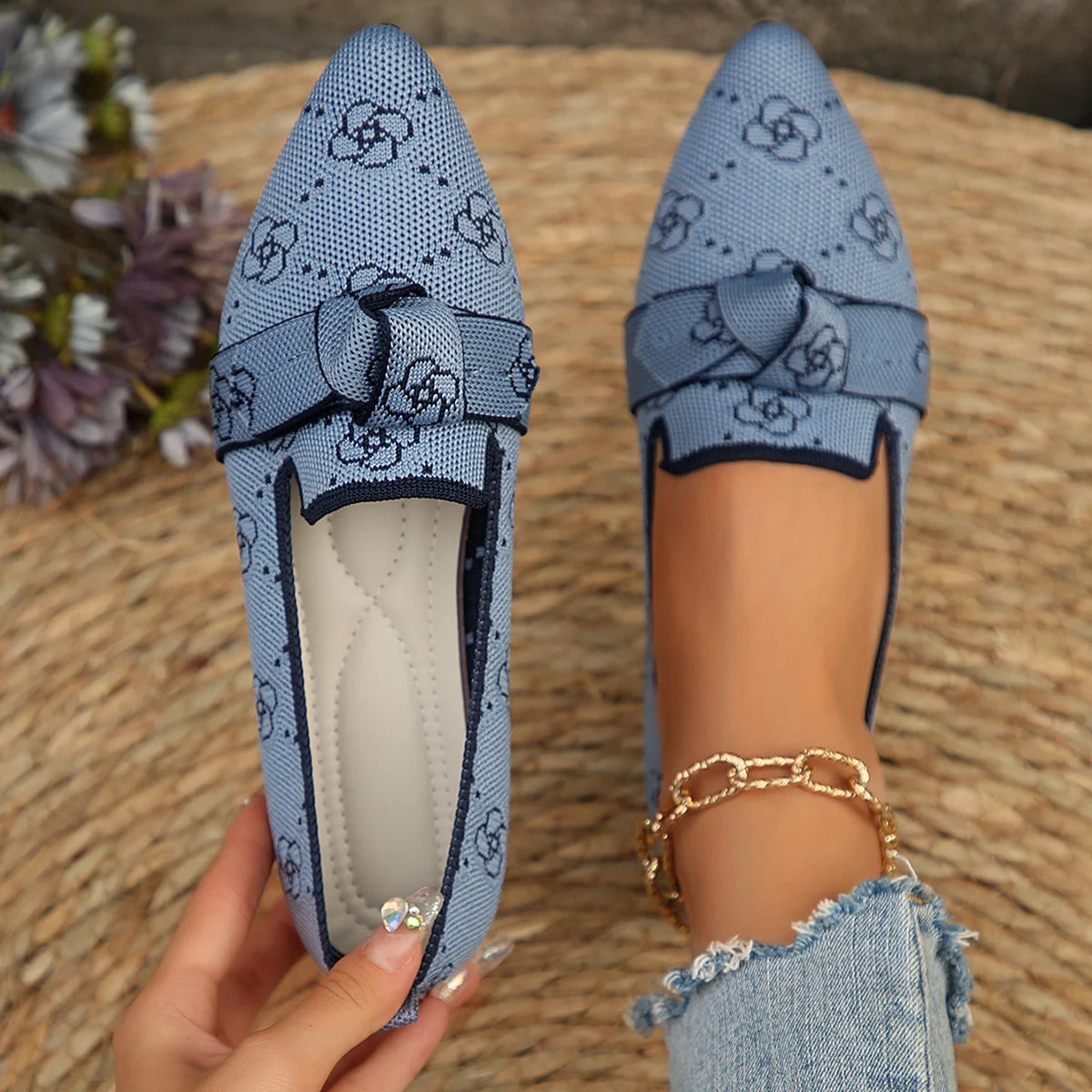 Women Flats Loafers Bowknot Pointed Toe Mesh Casual Shoes Comfort Walkers Ladies Light Lace Up Soft Sole Flats Zapatos De Mujer Blue