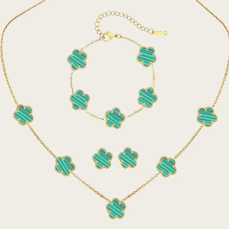 Stainless Steel Sets Earrings Necklace Bracelet Christmas Birthday Gifts Gold Plated Women's Double Sided Flower Elegant Fashion green-gold