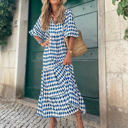 Puff Sleeve Boho Maxi Dress Elegant Women Summer 2022 Casual Floral Drawstring V-Neck Loose Holiday Beach Dresses Party Vestidos Badiee Stylez