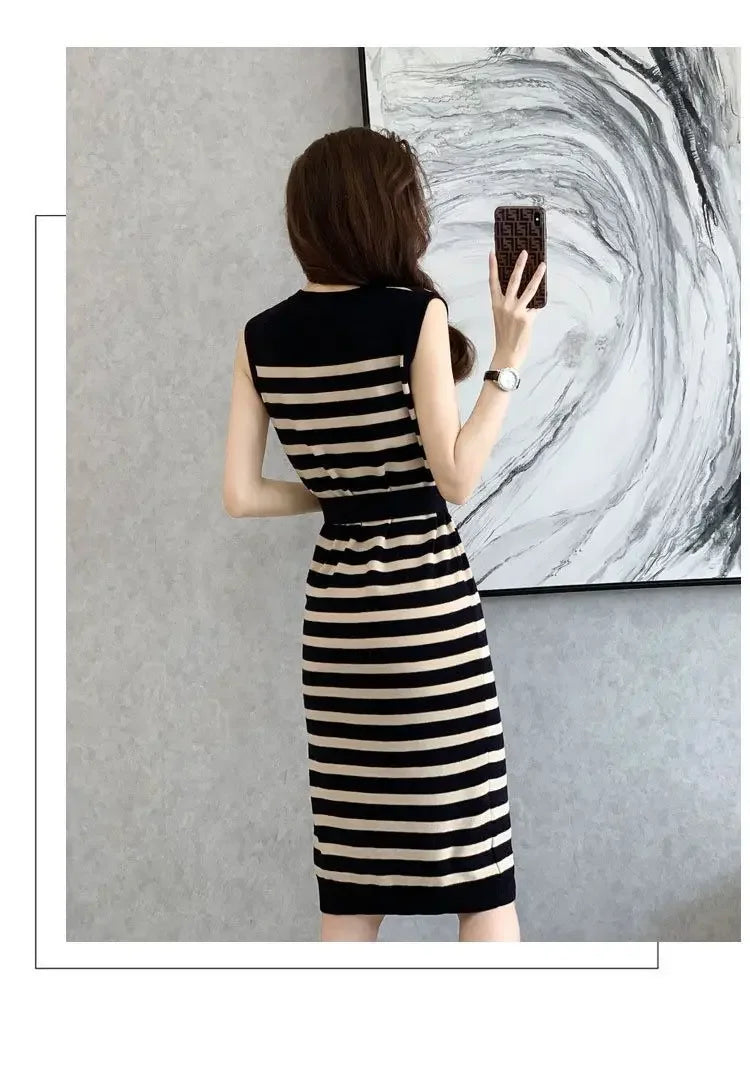 2025 Summer New Over-knee Long Temperament Slim Waist Vest Sleeveless Slim Striped Knitted Dress