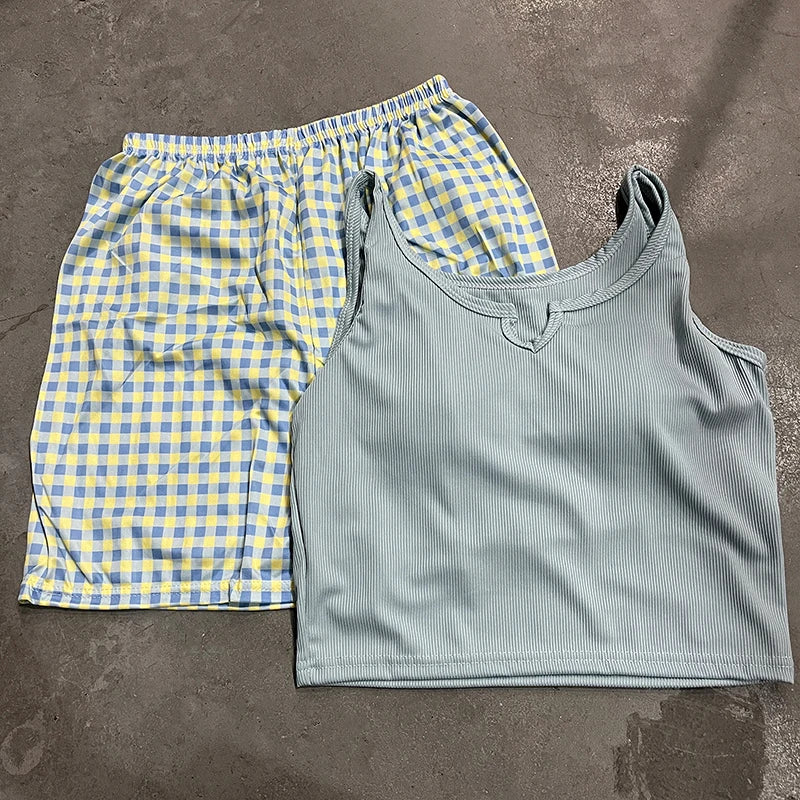 Sexy Floral Elastic Waist Pajama Vest With Padded Chest Pajama Pants Home Pants Summer Set For Women Two Piece Floral Sling Set