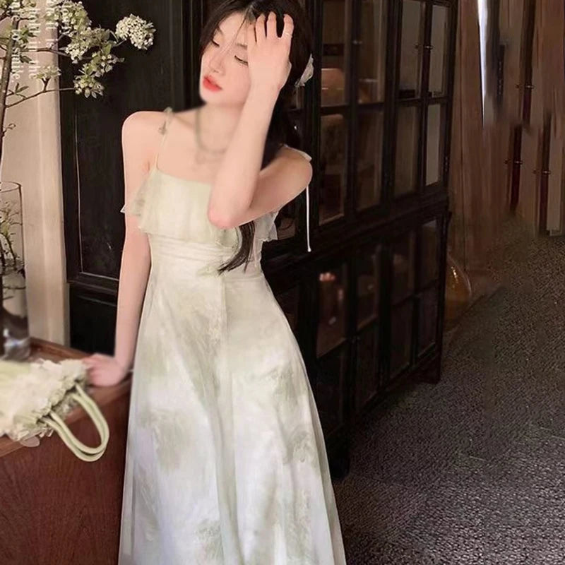 Women's Tie-Dye Floral Sleeveless Halter Dress Summer Waist Slim Long Dress Ruffle Leaf Hem Halter Tenderness Dresses