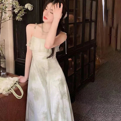 Women's Tie-Dye Floral Sleeveless Halter Dress Summer Waist Slim Long Dress Ruffle Leaf Hem Halter Tenderness Dresses