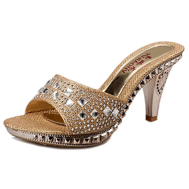 Summer Women Sandals Rhinestone Women Shoes Sexy High Heels Shoe Ladies Sandalias Gold Silver Women Slippers Heeled Sandals Sexy 735-gold