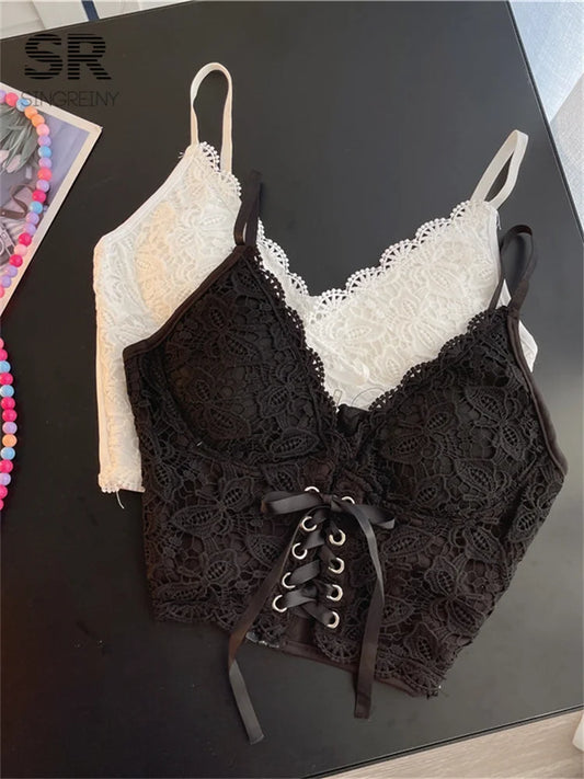 SINGREINY Sexy Lace Strap Crop Tops For Women Fashion Sleeveless Design Corset Bustier Party Top Summer Bralette Short Camisole