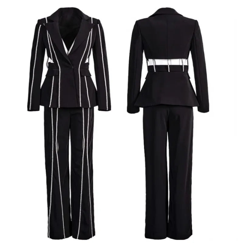 Designer Women Diamonds Hollow Out High Waist Slim Fit Blazers Top Straight Pants Two Piece Set Party Office Ladies Suits Set Badiee Stylez