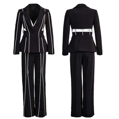 Designer Women Diamonds Hollow Out High Waist Slim Fit Blazers Top Straight Pants Two Piece Set Party Office Ladies Suits Set Badiee Stylez