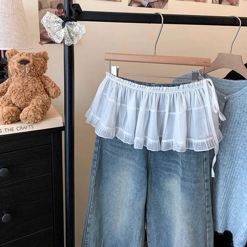 French Lace Up Short Fart Curtain Skirt Spring Layered Skirt INS Women Wrap Skirt Bandage Dress Apron Curtain Expansion Skirt 1 One Size