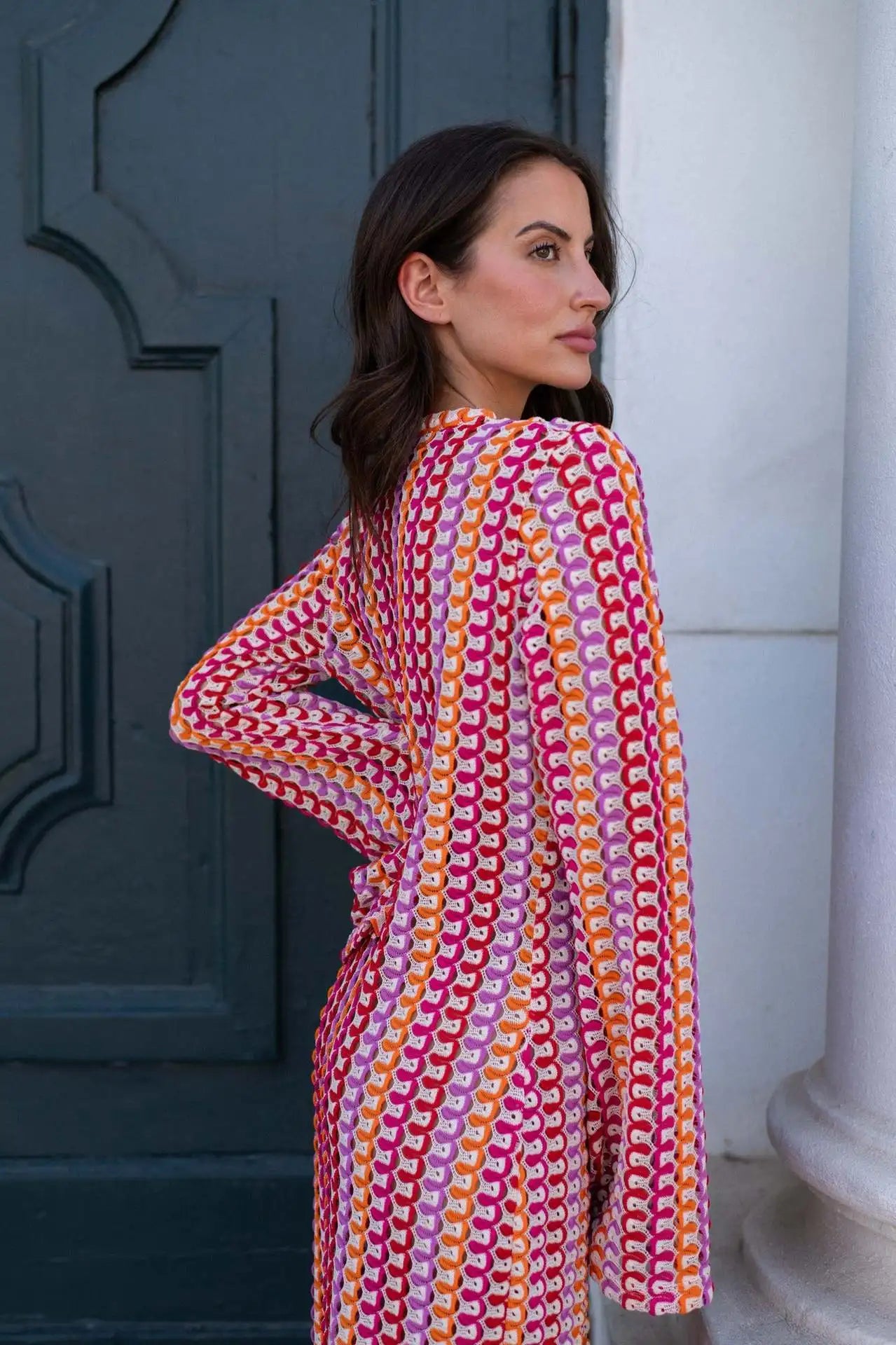 Crochet Colorful Stripe Flare Sleeve Maxi Dress Women V-neck High Split Sexy Lace Long Dresses 2024 New Beach Banquet Vestidos