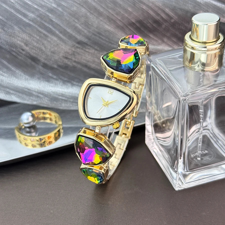 Women's irregular shape large sparkling special-shaped rhinestone simple sun pattern dial Fashion trend avant-garde quarts watch Gold