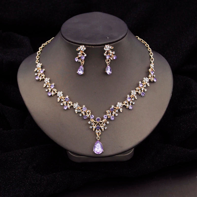 Gorgeous Crystal Fashion Jewelry Sets for Women Luxury Choker Necklace Earrings Prom Wedding Dress Bridal Necklace Sets Purple