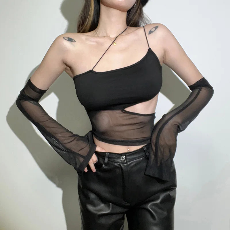 Asymmetrical Cut Out Mesh Crop Top with Sleeves Fairy Grunge Clothes Transparent Camisole Tank Tops