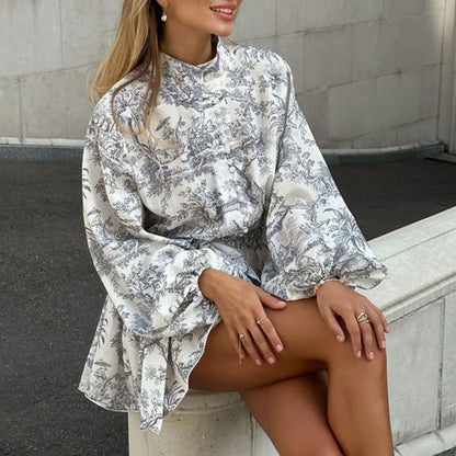 Autumn new women's clothing style elegant, fashionable, casual, sexy commuting long sleeved lace up Chinese style printed dress