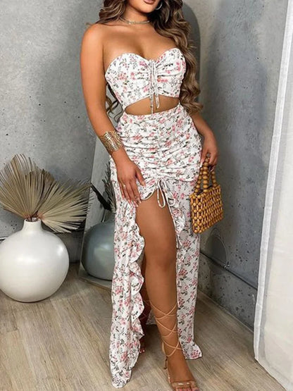 Floral Print Strapless Crop Tops & Shirring Ruffles Slit Maxi Skirts Set Women Summer Two Piece Set WHITE
