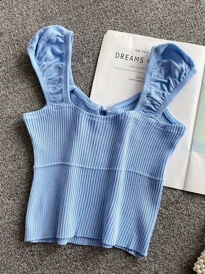 2024 Solid Color Ribbed Knotted Tank Top Casual Round Neck Tank Top For Spring & Summer Women's Clothing Knit Crop Top