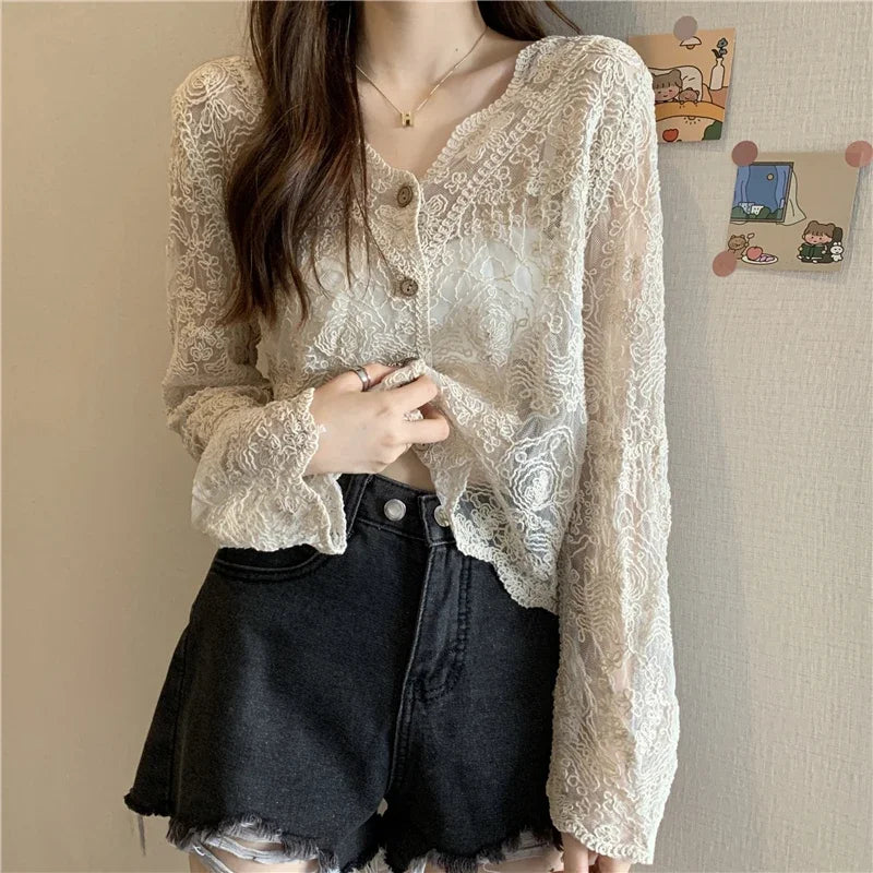 Vintage Summer Lace Blouses Women See Through Sheer Long Sleeve Sun Shirts Korean Style Casual Sun Protection Sexy Ladies Tops Apricot